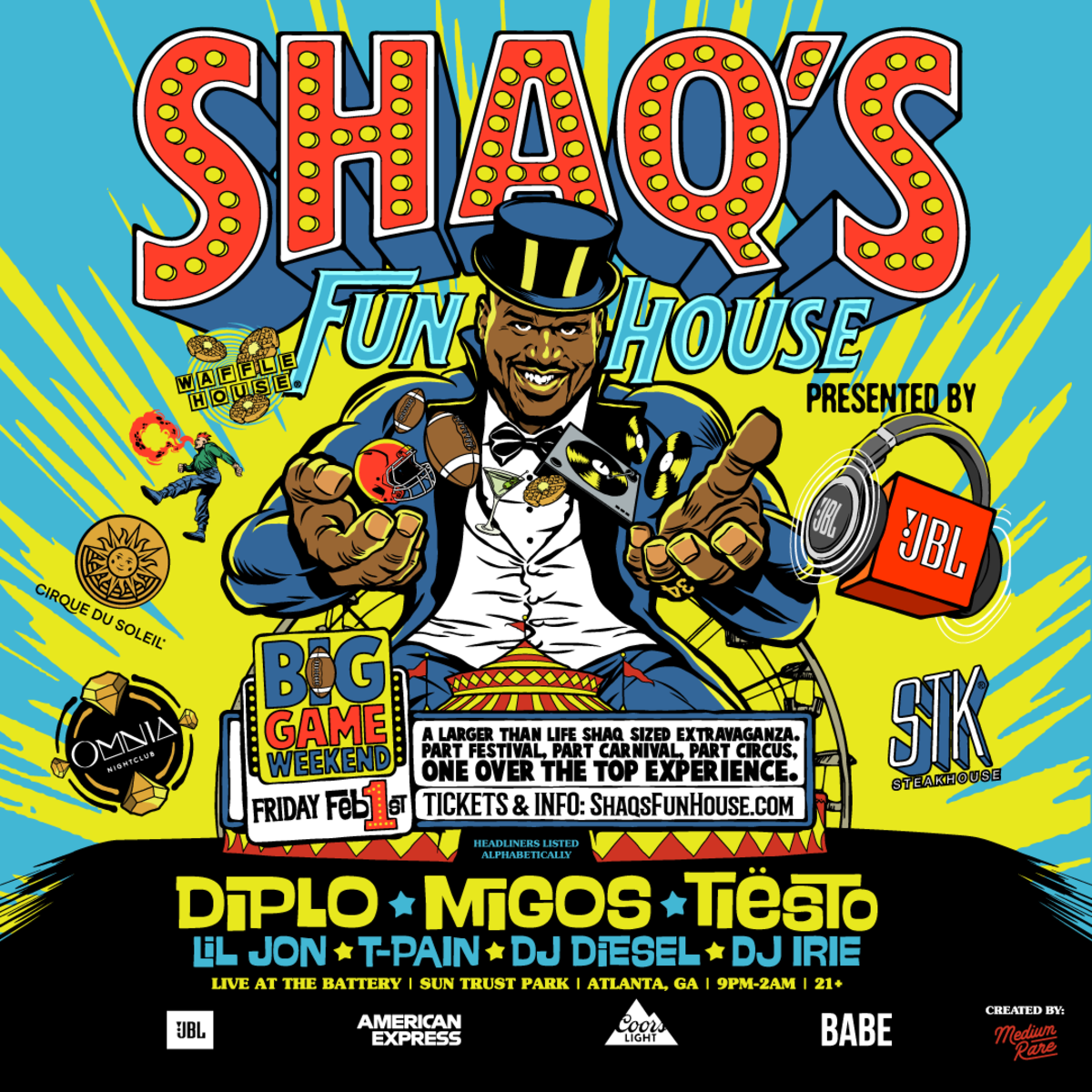 Shaq's Fun House flyer for Atlanta 2019 event featuring Diplo, Migos and TiÃ«sto.