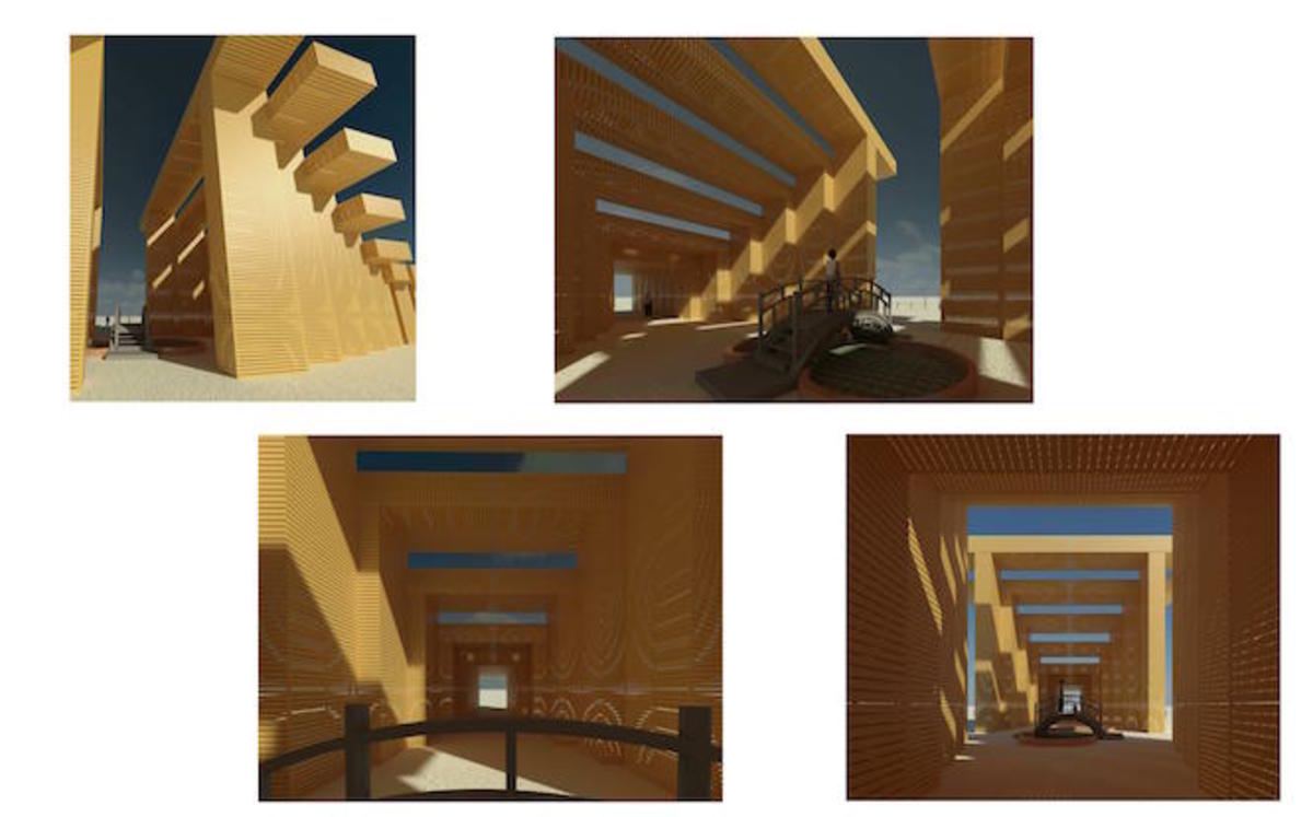 Four computer graphics renderings of the Temple of Direction at the 2019 edition of Burning Man.