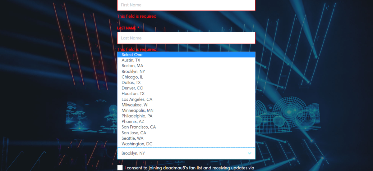 A screen shot from the Ticketmaster Verified Fan page for deadmau5' Cube V3 tour with a drop-down menu of U.S. cities.