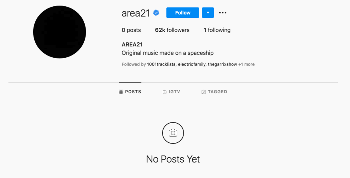 Screenshot of AREA21's wiped Instagram.