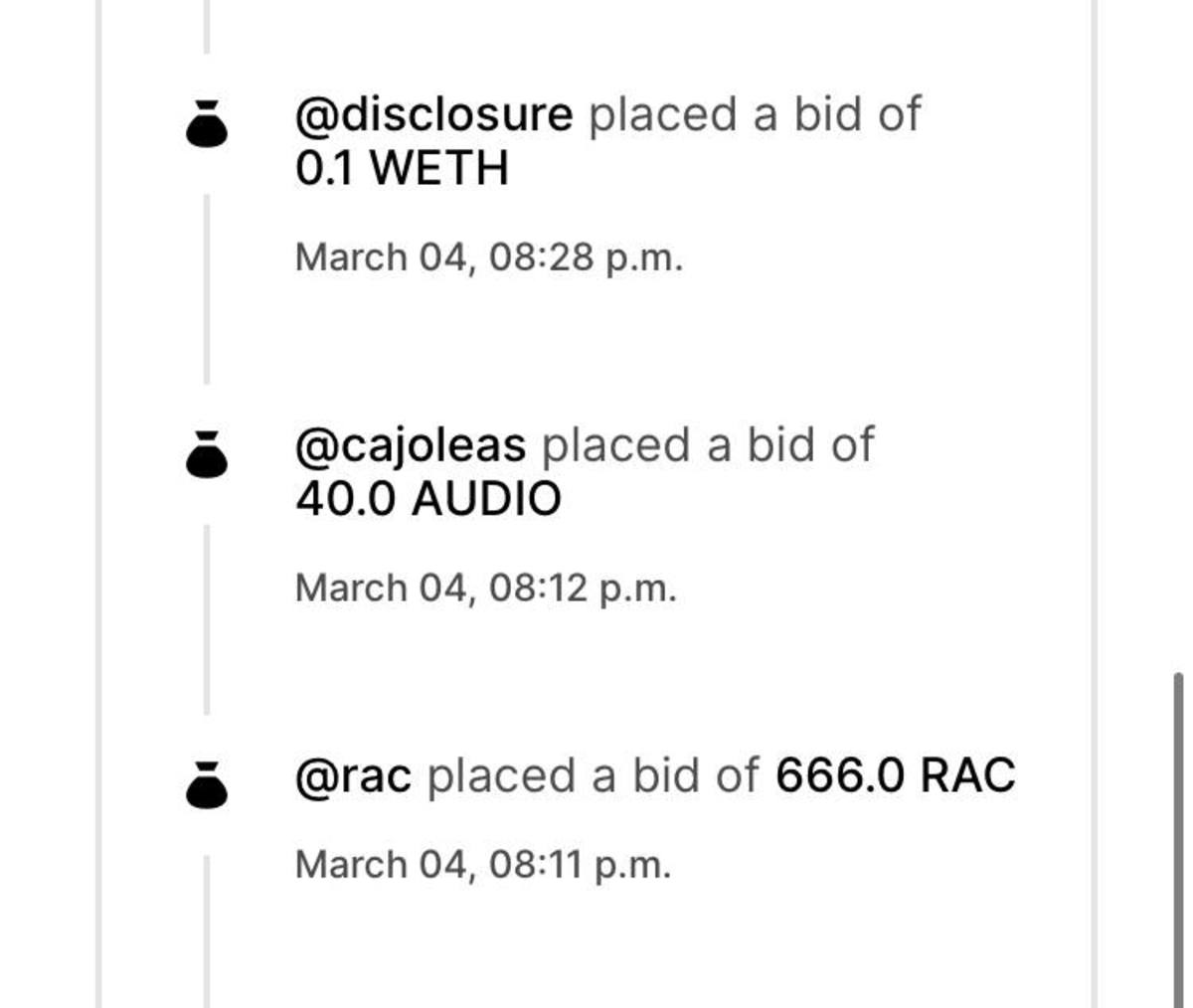 Disclosure and RAC's bids on an NFT minted by Dillon Francis on the Zora marketplace. [Screenshot by EDM.com]