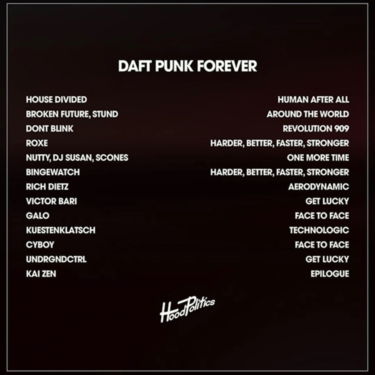The tracklist of Hood Politics Record's "Daft Punk Forever" compilation.