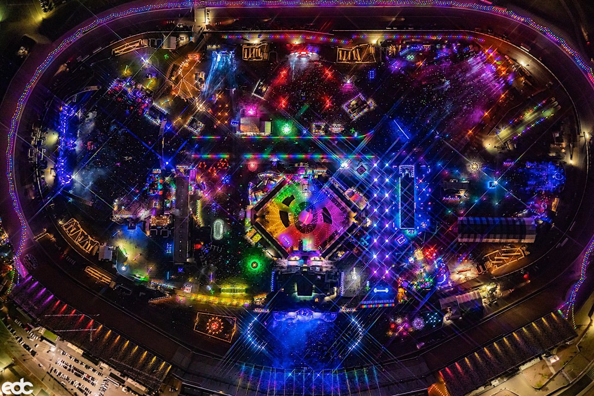 Aerial view of the 2021 edition of EDC Las Vegas at the Las Vegas Motor Speedway.