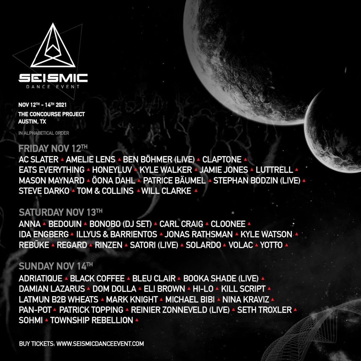 Seismic Dance Event flyer for their fourth edition running November 12th - 14th, 2021.