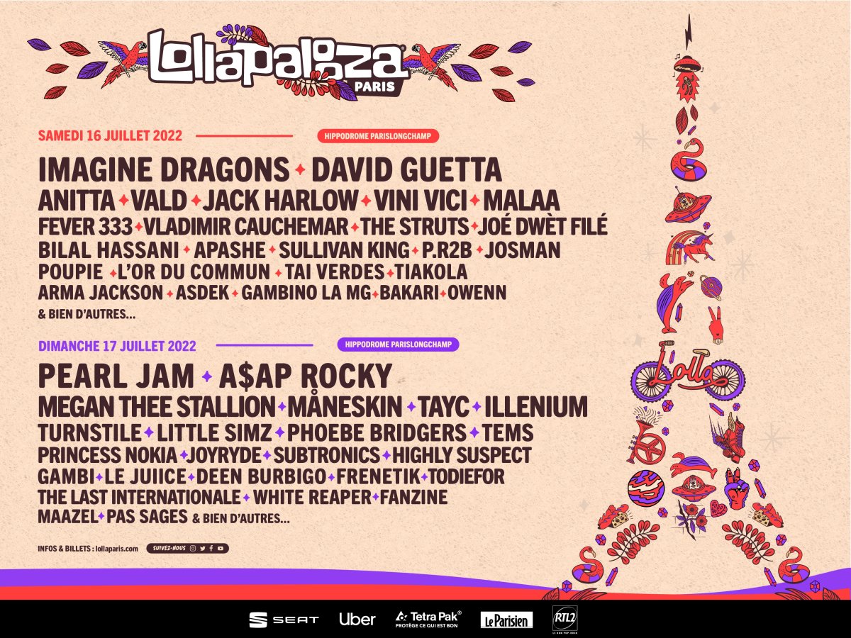 Lollapalooza Paris 2022 lineup featuring David Guetta, ILLENIUM, Pearl Jam, Megan Thee Stallion and more.
