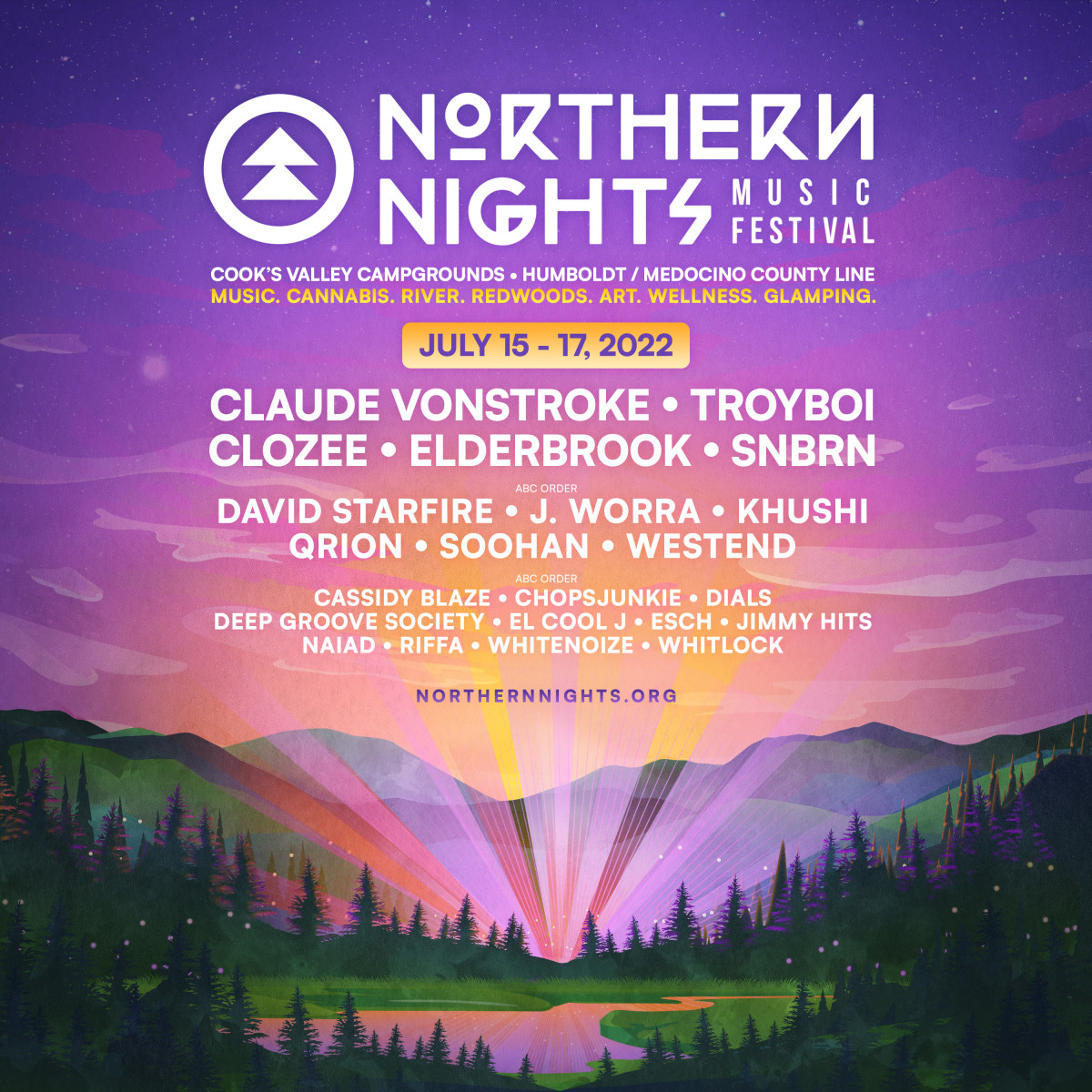 Northern Nights 2022 lineup featuring TroyBoi, CloZee, Elderbrook, SNBRN, and more.