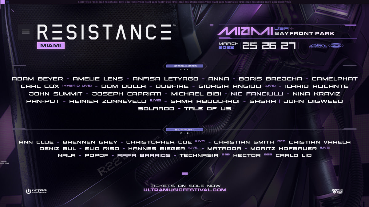 Lineup for the RESISTANCE house and techno showcase at Ultra Music Festival 2022.