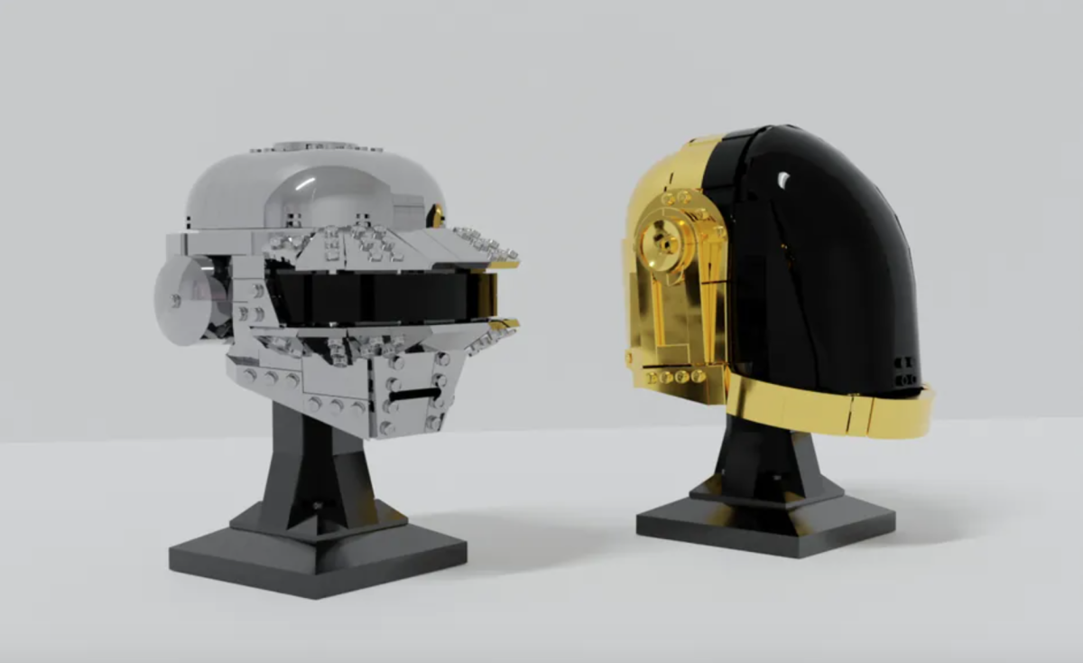 Daft Punk's iconic helmets, modeled and on display in LEGO form.