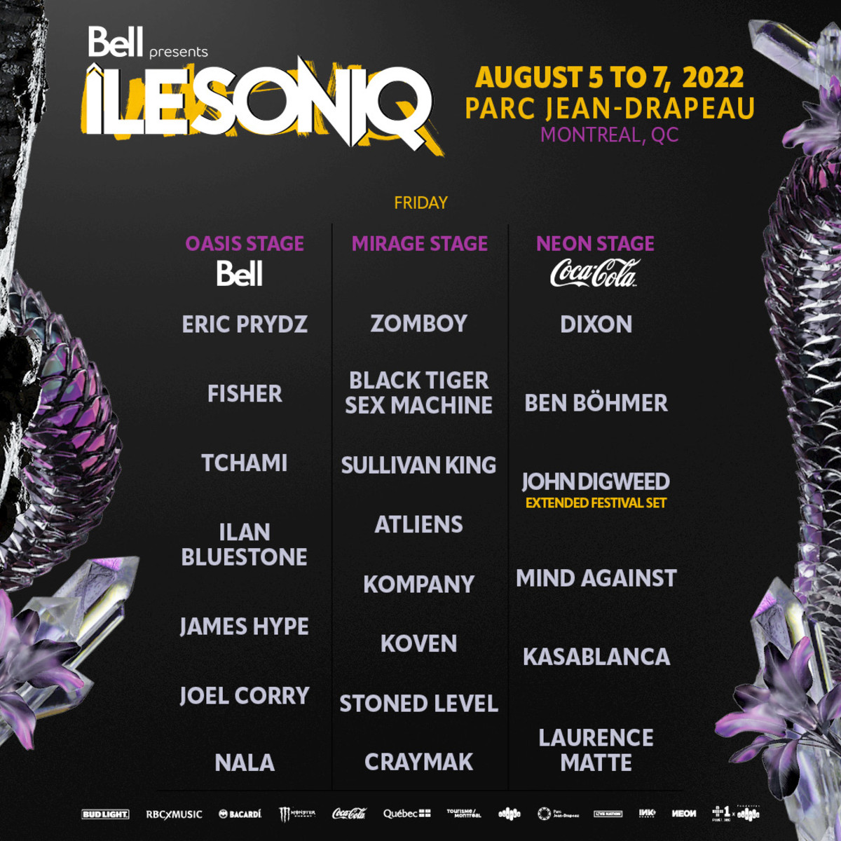 Lineup for August 5th, Day 1 of ÎLESONIQ 2022.