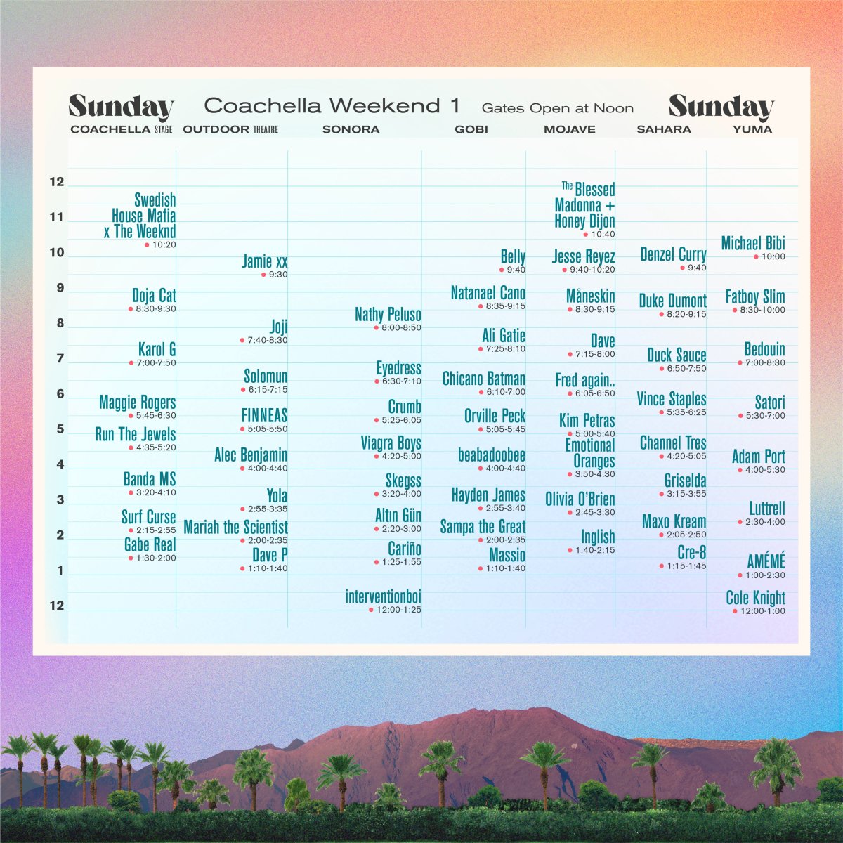 Coachella Weekend 1 set times for Sunday, April 17th.
