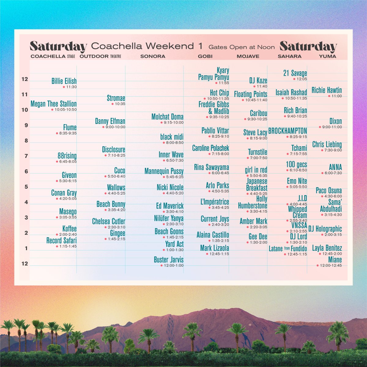 Coachella Weekend 1 set times for Saturday, April 16th.