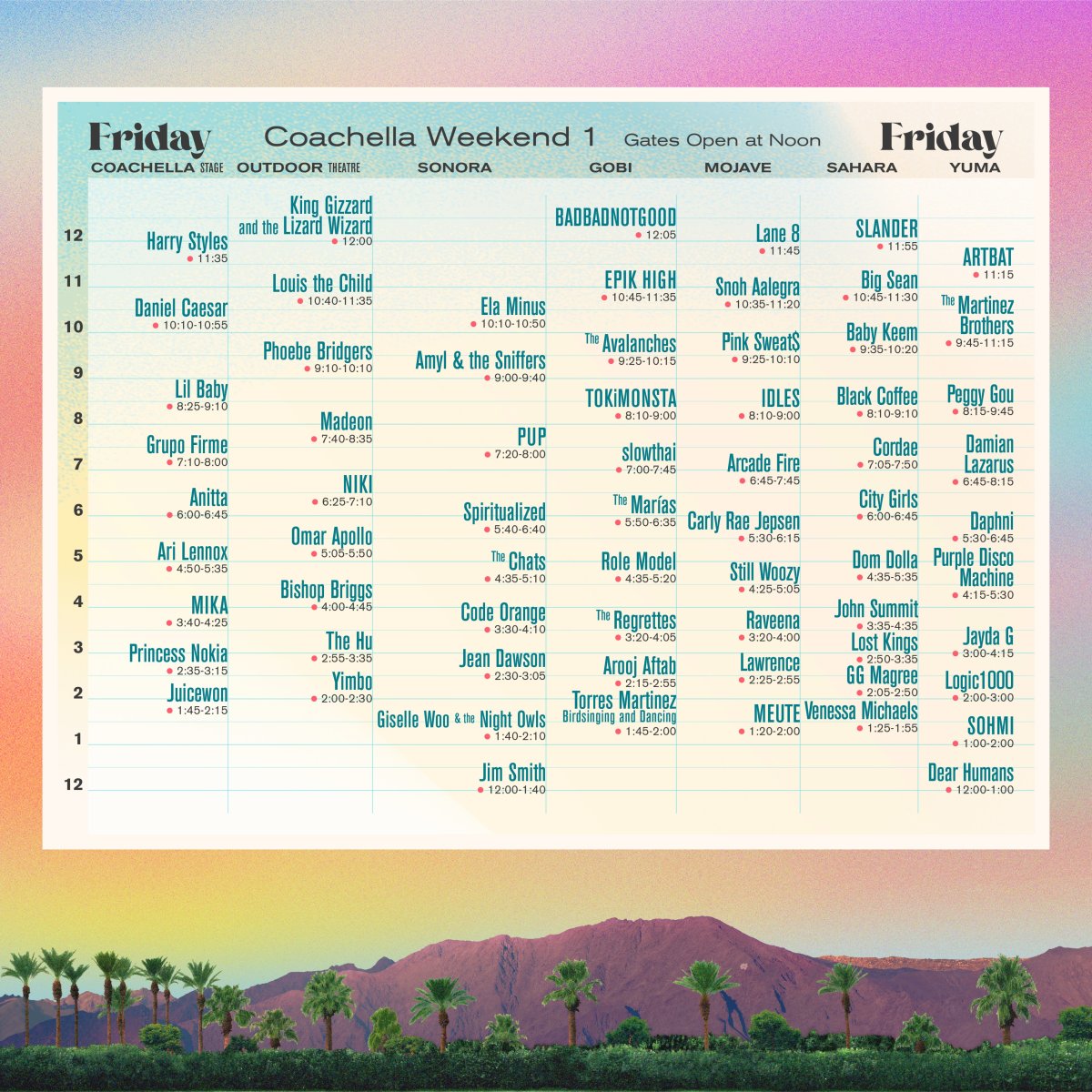 Coachella Weekend 1 set times for Friday, April 15th.