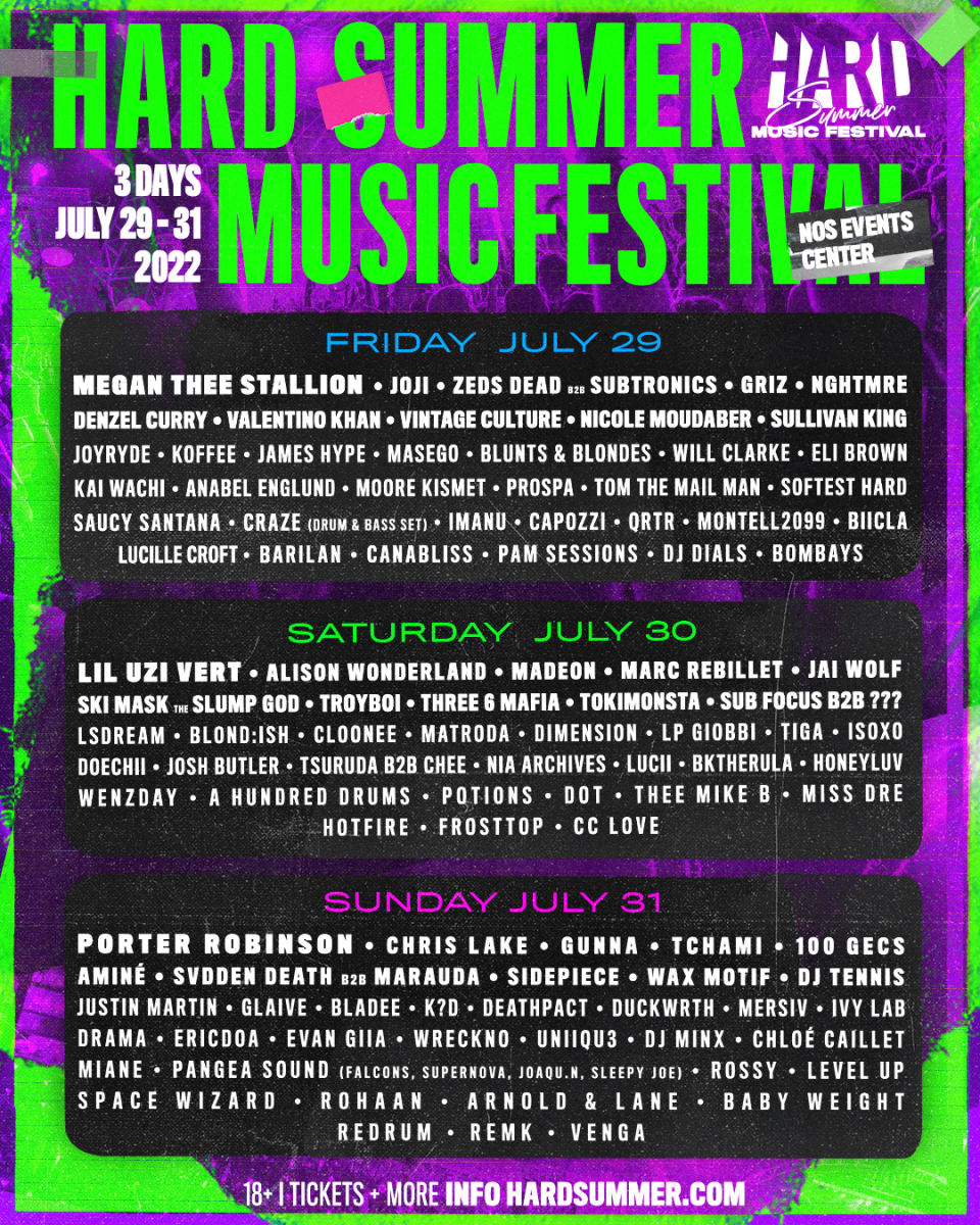 Lineup for HARD Summer 2022 with Porter Robinson, Alison Wonderland, Madeon, GRiZ and more.
