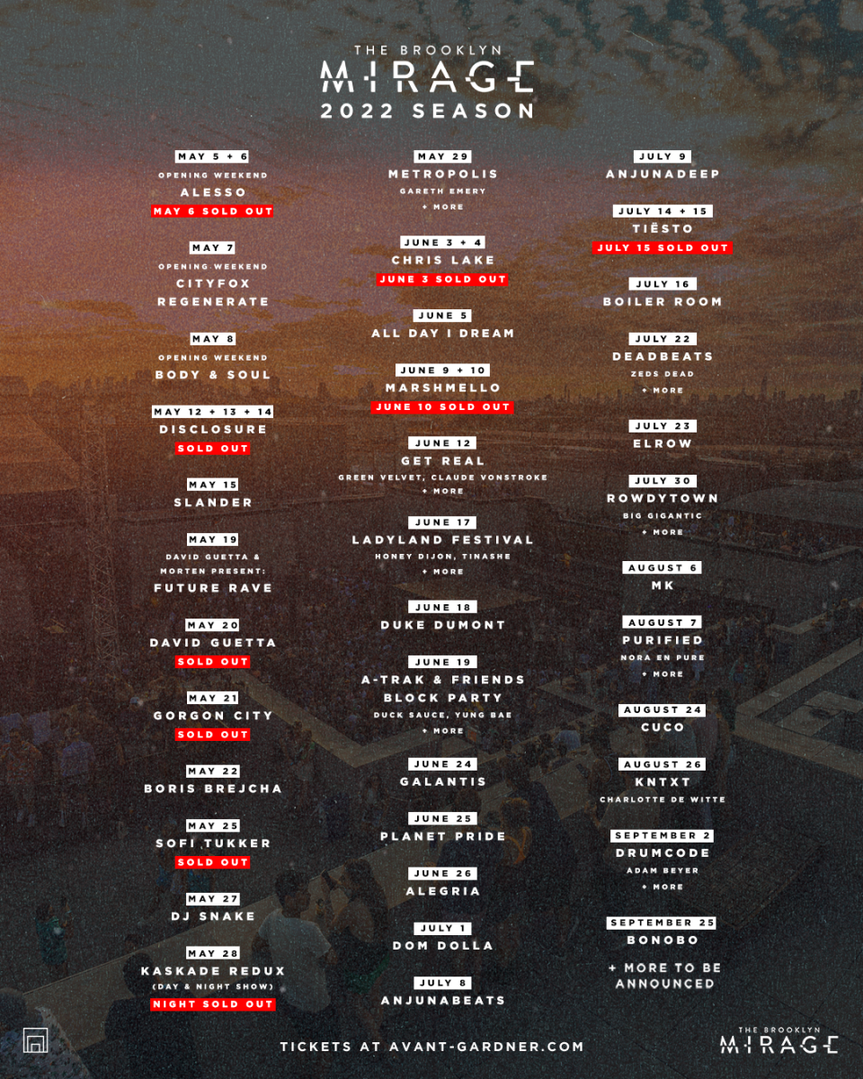 Lineup for 2022 season at The Brooklyn Mirage