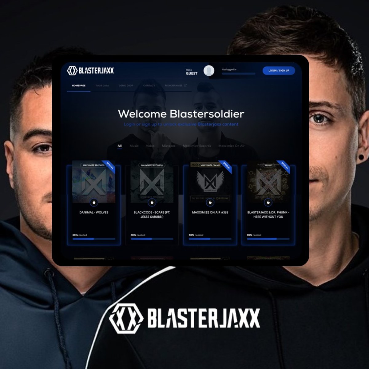 Dutch DJduo Blasterjaxx used Fangage to host and provide early access to their music and exclusive content for their "Blastersoldier" fan community. 