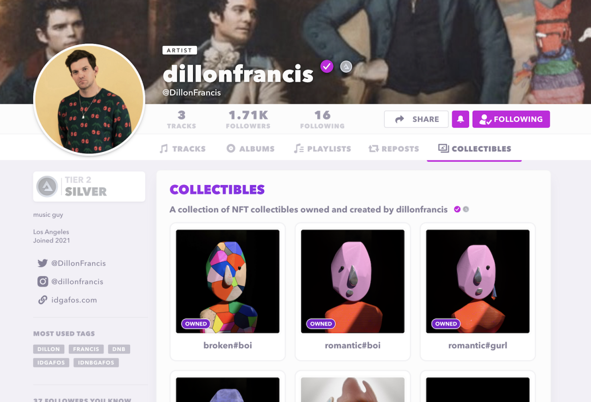 Dillon Francis' NFTs on his Audius Collectibles tab.