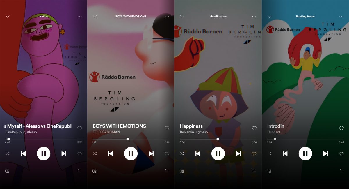 Custom Spotify covers developed by Swedish Save The Children and the Tim Bergling Foundation to raise awareness about mental health.
