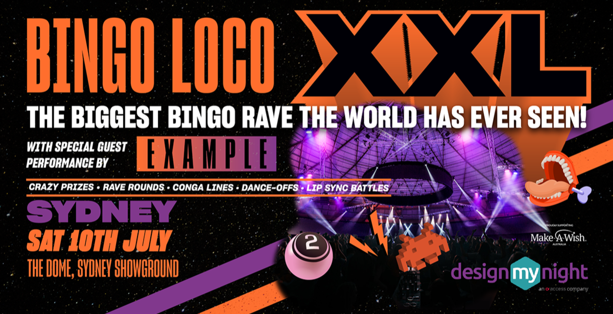 Flyer for Bingo Loco XXL, the "World's Biggest Bingo Rave" featuring iconic English artist Example.
