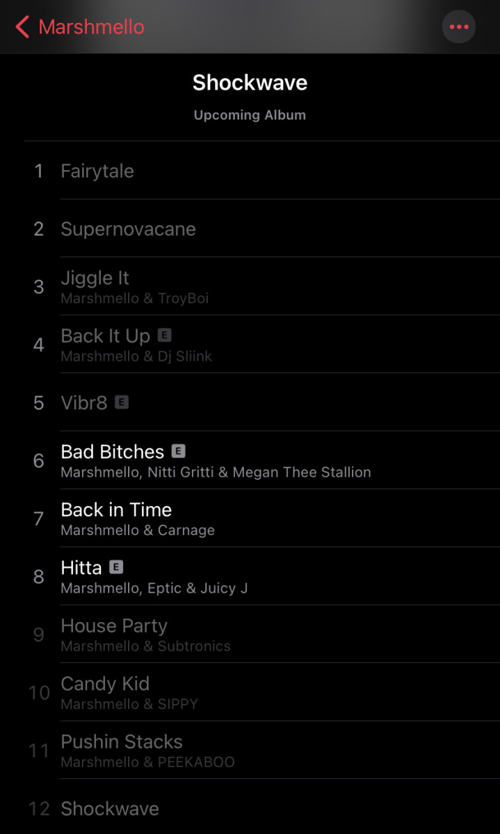 Screenshot of the tracklist of Marshmello's "Shockwave" album. [Screenshot by EDM.com]