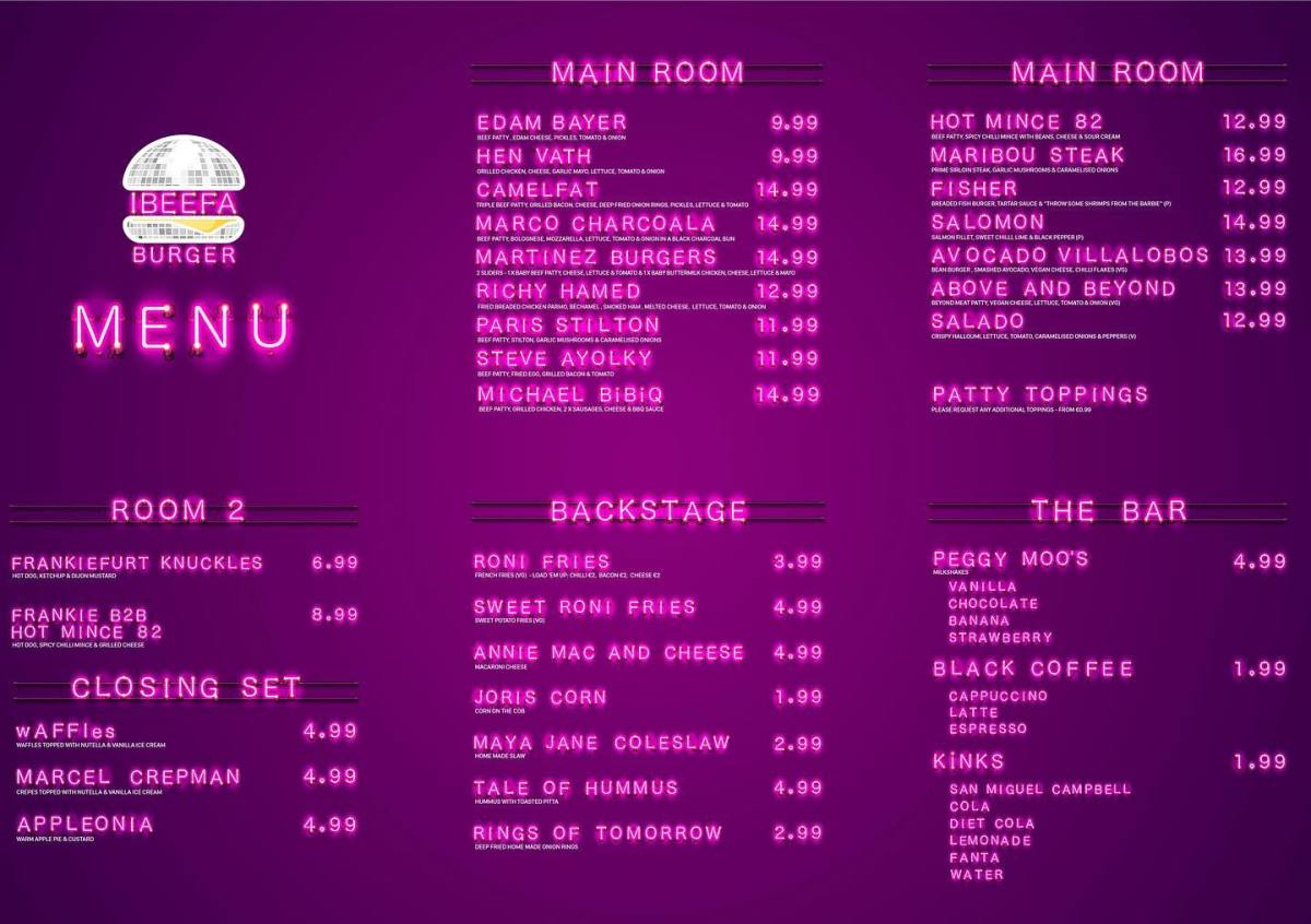 DJ puns are bountiful on the IBEEFA Burger menu.