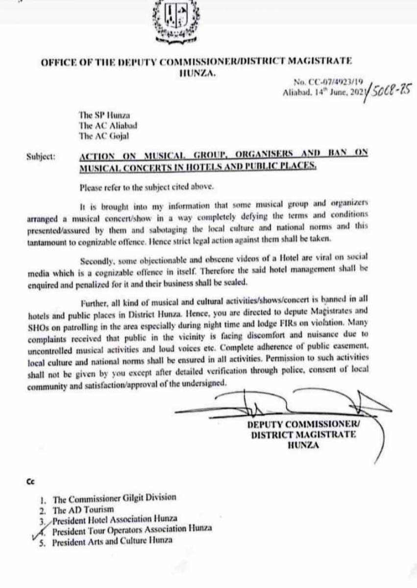 A directive from the Deputy Commissioner's office of Hunza banning music festivals in the region.
