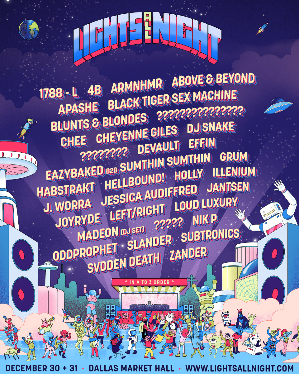 Lights All Night 2021 flyer for Phase 1 lineup announcement.