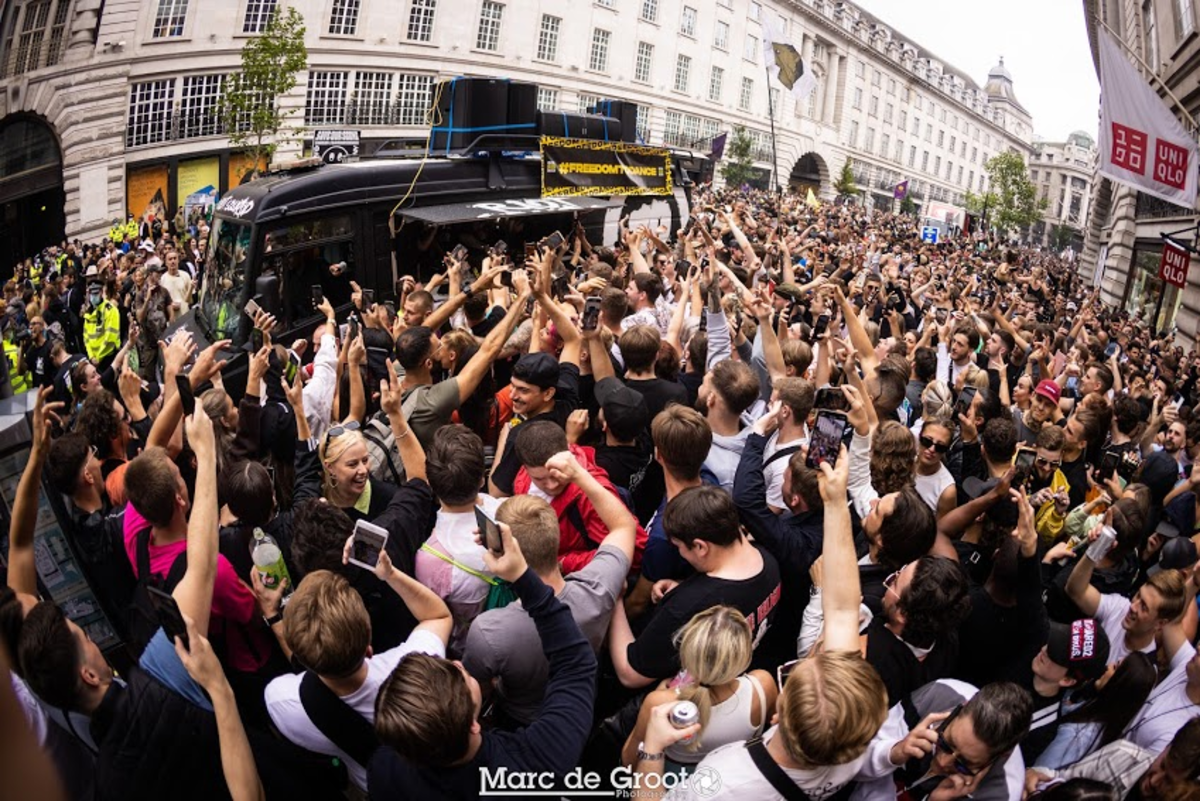 Frustrated demonstrators line the streets of central London in the #FreedomToDance protest.