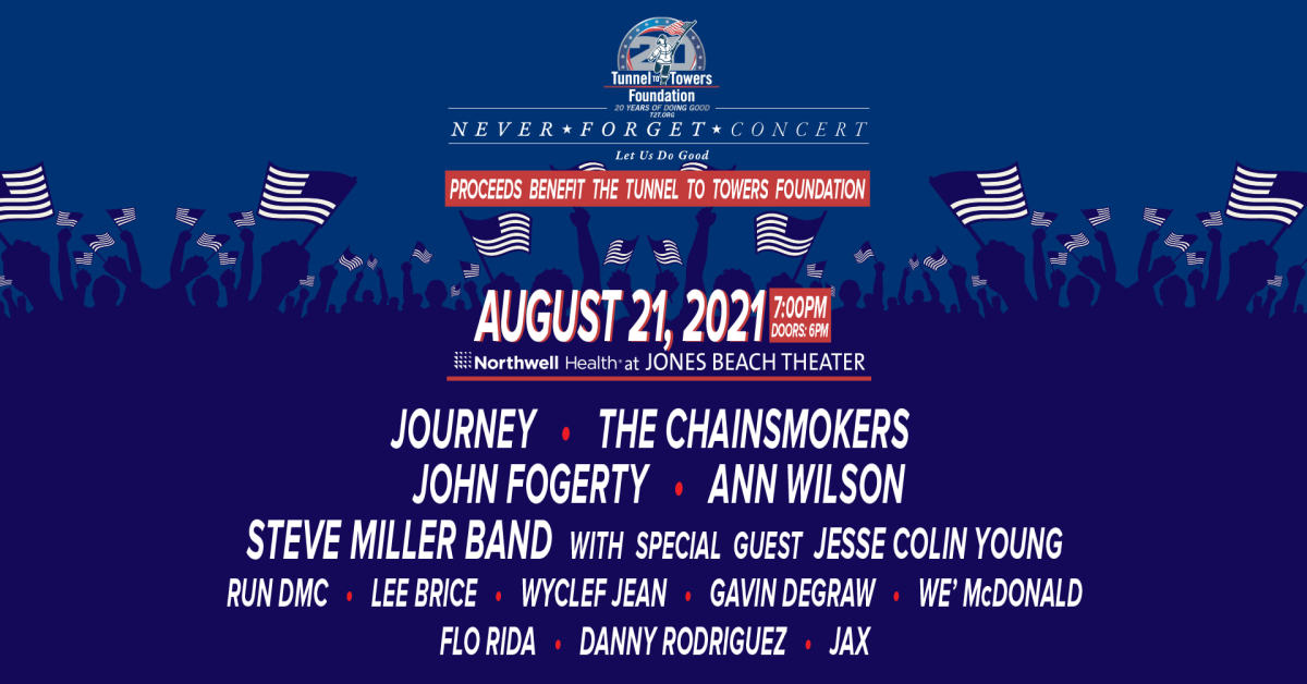 Flyer for the "Never Forget Concert" with Wyclef Jean, The Chainsmokers, Journey, and more.