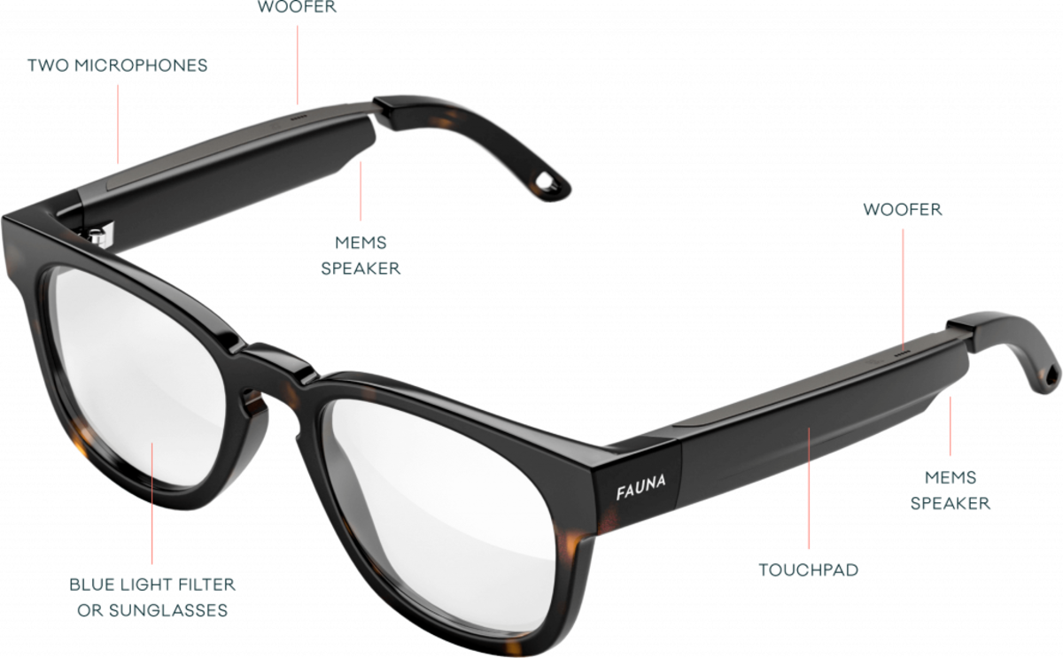 The Fauna audio glasses have two microphones, a touchpad, and a built-in woofer.