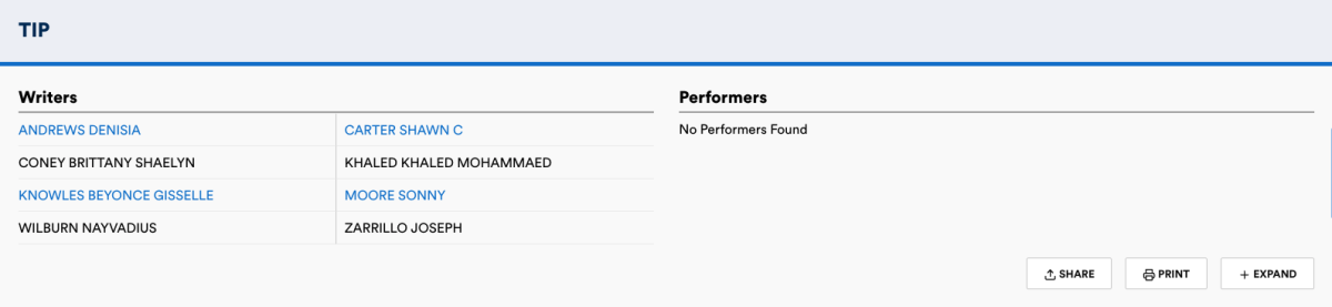 Details about "Tip" are scarce, but the recording's ASCAP listing displays Skrillex, Future, JAY-Z, Beyoncé, and DJ Khaled as collaborating artists. [Screenshot by EDM.com]