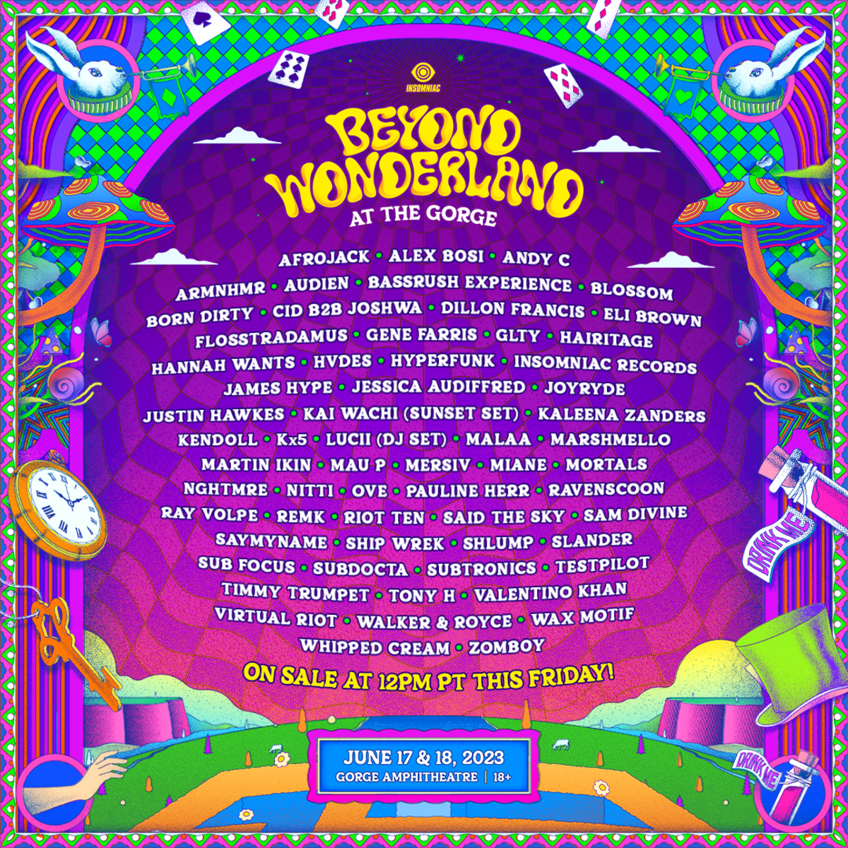 The 2023 lineup for the Beyond Wonderland at The Gorge music festival includes, Subtronics, Dillon Francis, Said The Sky, Kx5, Marshmello and more.