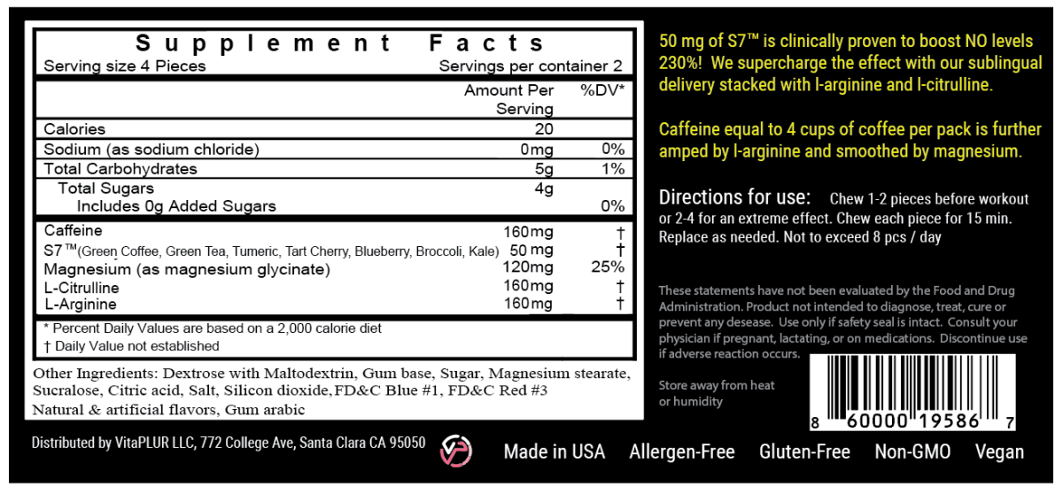 Nutrition facts of VitaPLUR's "PreBOOST" gum.