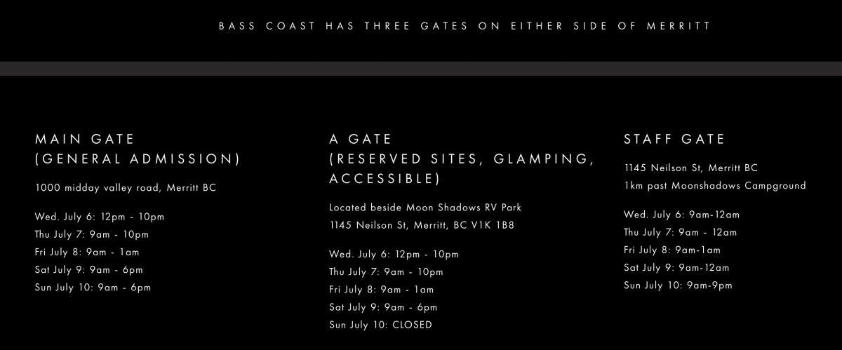 Bass Coast gates and hours of operation. 