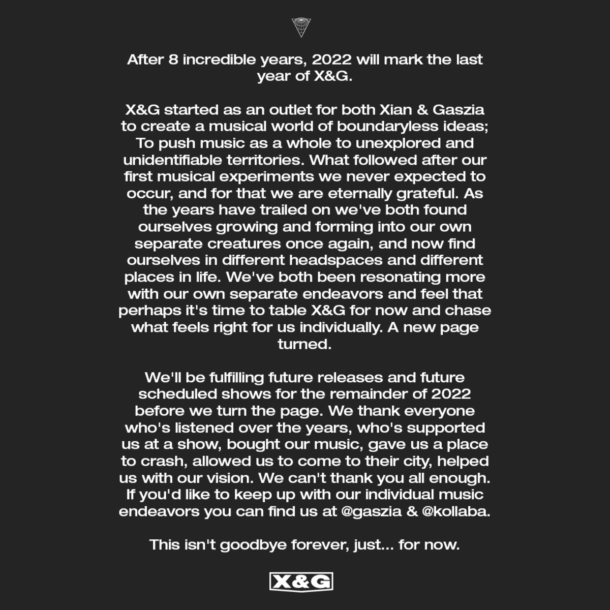Statement shared by X&G announcing their split.