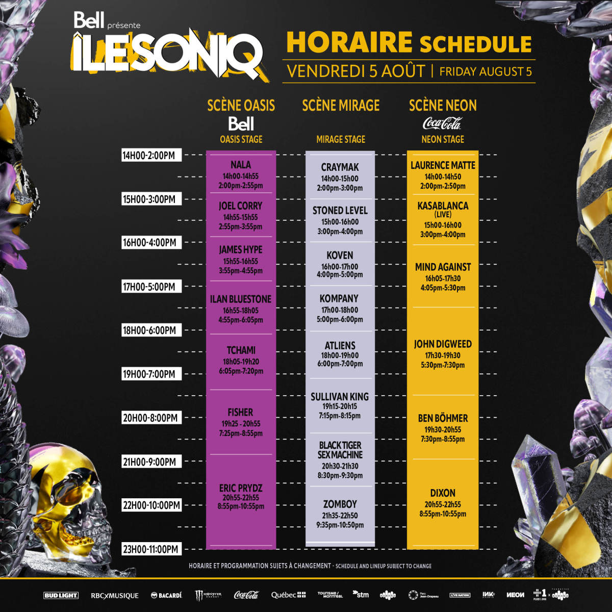 Schedule for August 5th, Day 1 of ÎLESONIQ 2022.