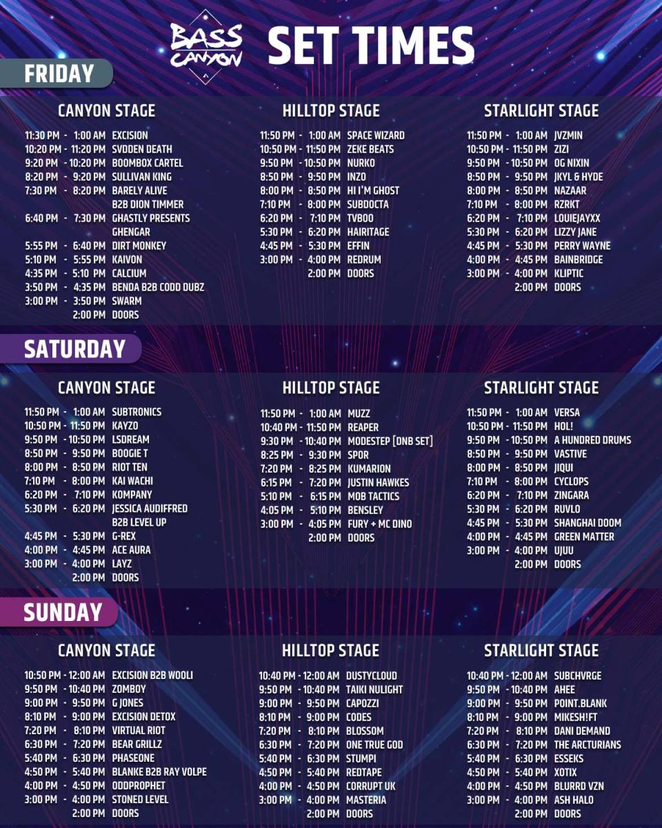 Bass Canyon 2022 set times, lineup and schedule.