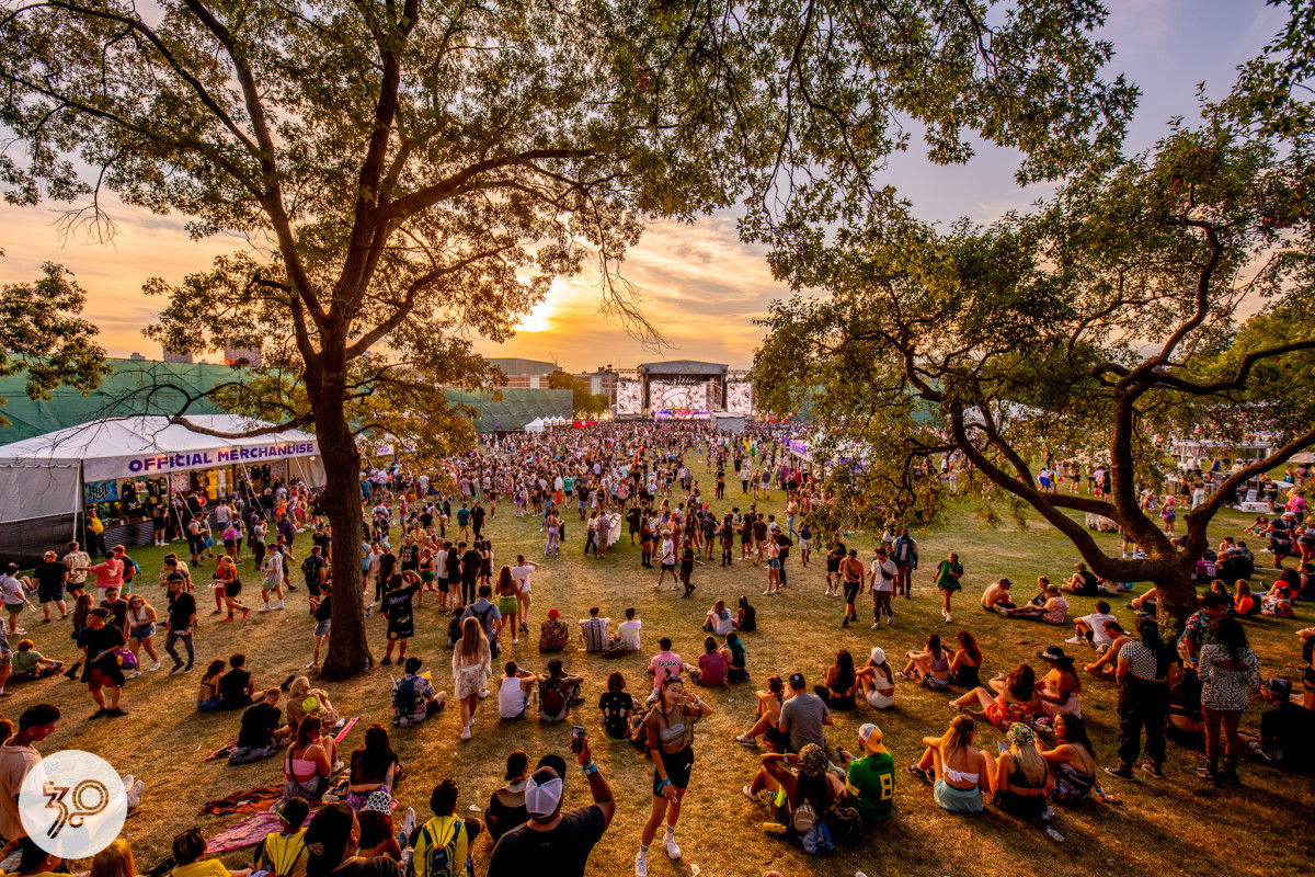 Attendees rest on a hill surrounded by lush trees at Electric Zoo 2022