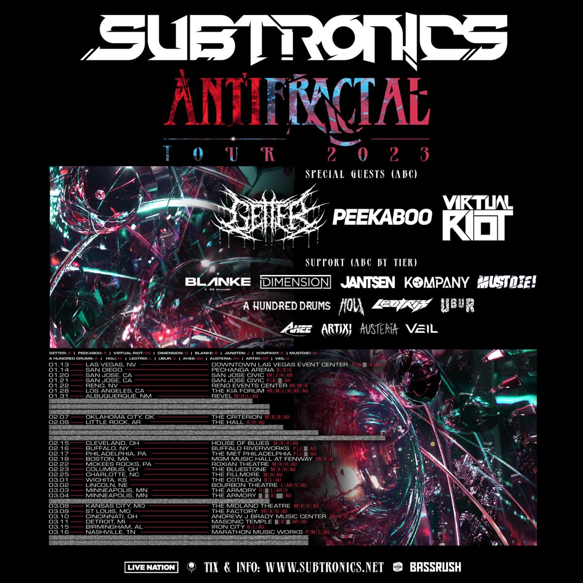 Subtronics' 2023 "ANTIFRACTAL" tour dates.